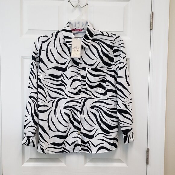 Polo Bonetta, NWT, white black zebra print long sleeve button down blouse, L/XL - Picture 1 of 11